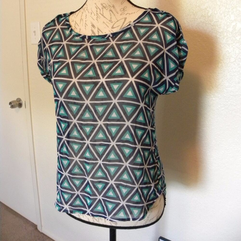 AGACI Geometric Pattern Top Pullover Blue Green Women size Small High-Low Hem